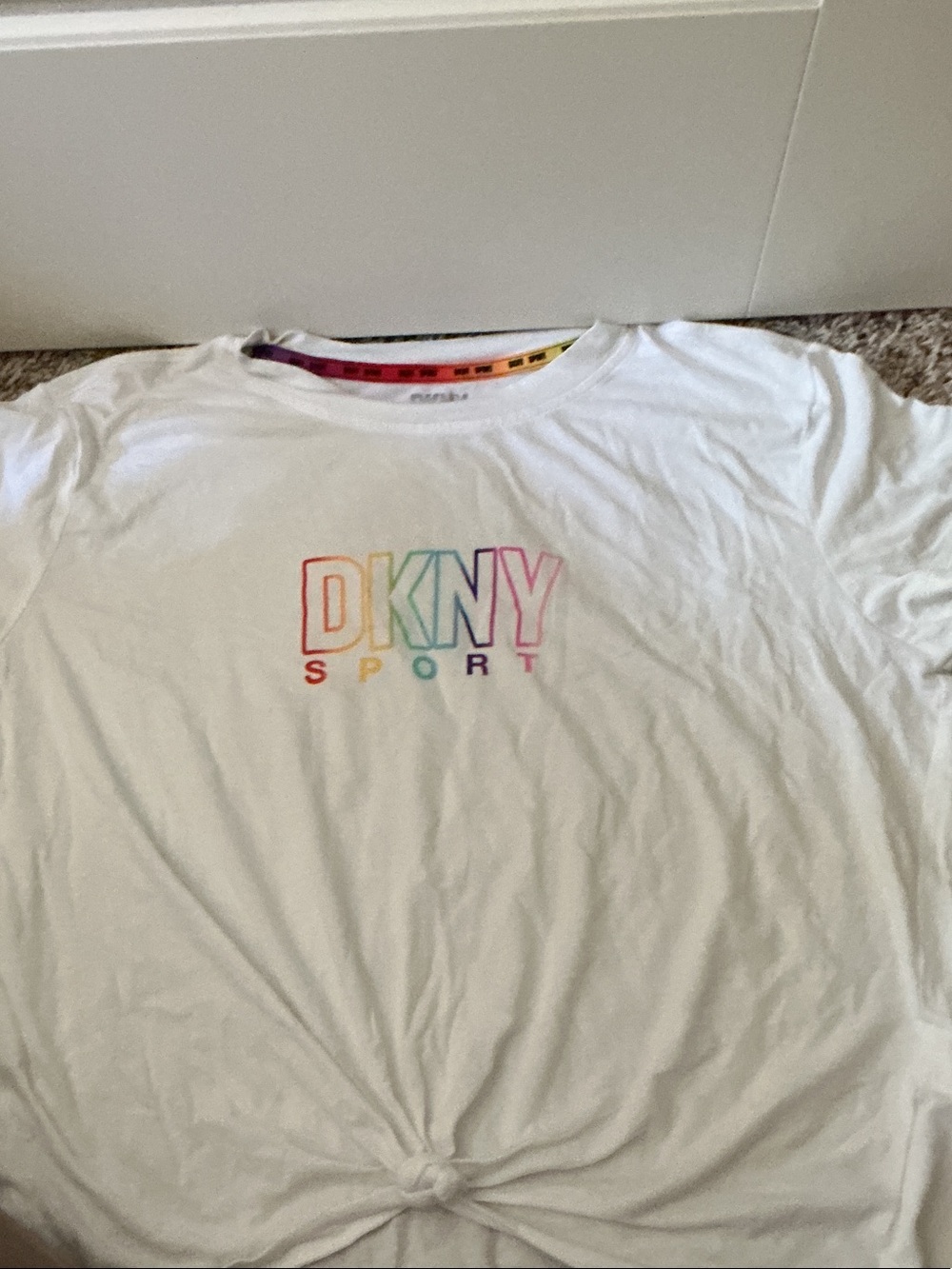 DKNY White Short Sleeve Tee with Rainbow Outline Logo